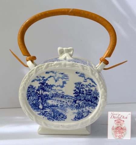 Blue Chintz Calico Transferware Biscuit Barrel w/ Original Bamboo Handle Grazing Cattle Cows