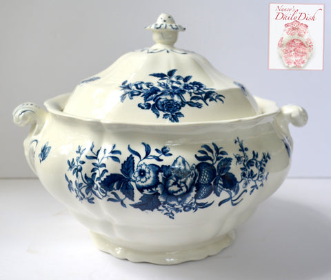Vintage Blue & White Fruit Bees & Peonies Roses English Transferware Soup Tureen Booths
