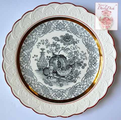 Stunning Antique Wedgwood Black Transferware Plate Wine Fruit Still Life Creamware Embossed Border