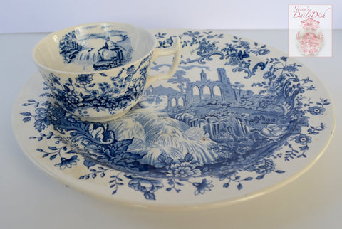 RARE Royal Staffordshire Peaceful Summer Waterfall Blue Toile Transferware Tea N Toast Cup & Plate Set