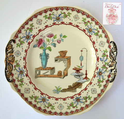 Antique Spode Tab Handled Chinoiserie Platter Clobbered Aesthetic Brown Transferware