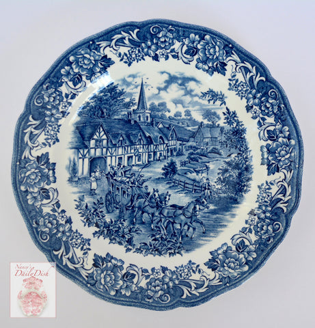 Blue Transferware Scenic Plate Church Children Horses Roses 10.5