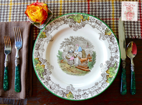 Vintage Spode Byron Brown Transferware Plate Farm Dog Chickens Trellis Vine Grapes