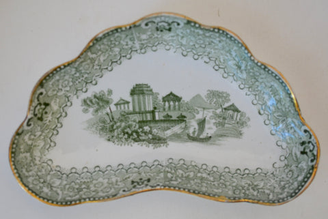 Antique Staffordshire Green Transferware Bone Dish Crescent Plate Grecian Ridgway