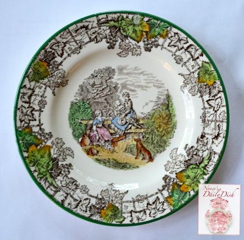 Spode Byron Green Rim Brown Transferware Plate Girls & Dog Harvest Wheat Gathering