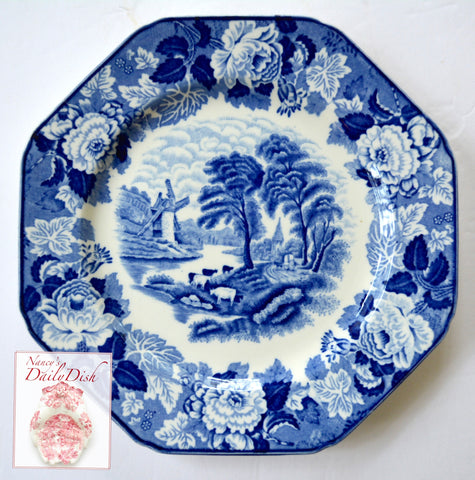 Blue Transferware Octagon Plate Grazing Cattle Pastoral English Windmill / Peonies Border