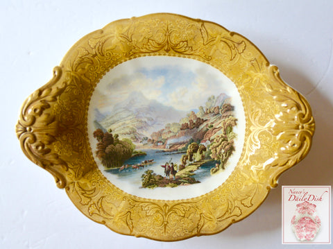 Antique Cattle Scenery Prattware MultiColor Transferware Footed Compote Plate Cherubs Border