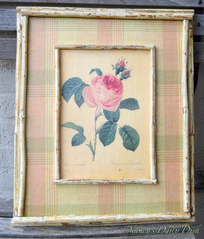 Vintage French Rose Print on Board w/ Pink Green Plaid & Distressed Bamboo Frame