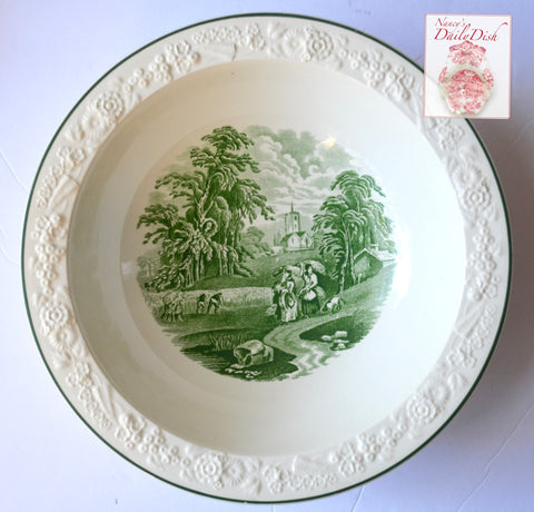 Green Toile Transferware Serving Bowl Embossed Floral Border George Jones Rhapsody