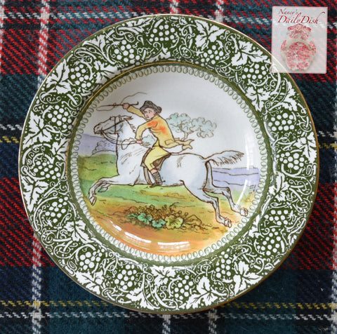 Green Transferware Deep Plate / Bowl English Equestrian Foxhunt Scene Doulton Burslem George Morland Staffordshire