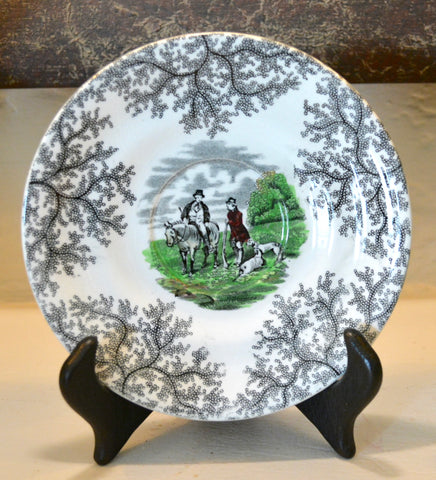 RARE Black Transferware Saucer Plate English Fox Hunt Scene Spode Copeland