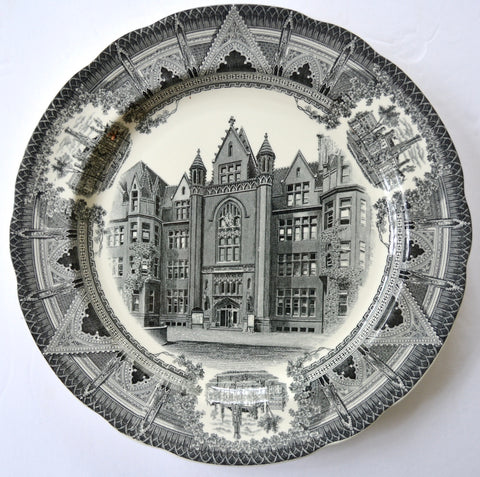 Copeland Spode Black Transferware Charger Plate Cobb Hall Chicago University Stunning Architectural Border