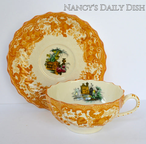 Large Yellow Transferware Tea Cup & Saucer Spode Copeland May Urn Roses Garden Scenery