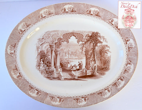 18" Antique Staffordshire English Victorian Brown Transferware Platter Furnival European Garden on River Scene