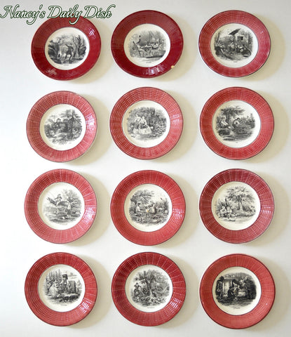 RARE France Black Transferware French Country Cottage Plate Set 12 Months of the Year Burgundy Basketweave Border
