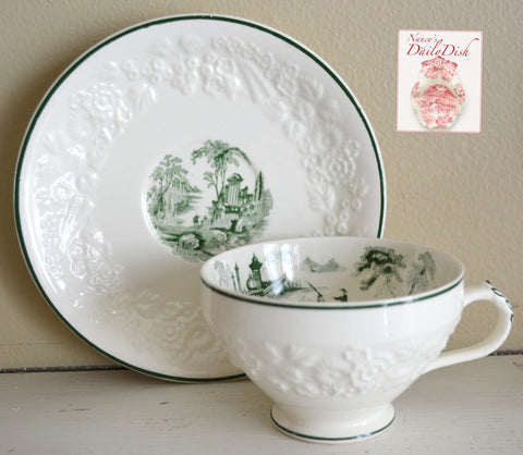 Antique Green English Transferware Cup and Saucer  Embossed Floral Border
