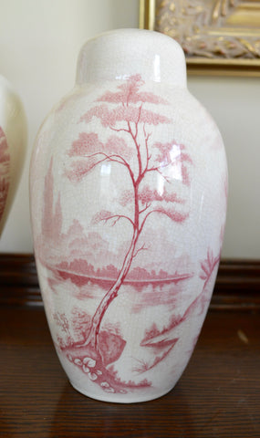 Antique Red English Transferware Staffordshire Lamp Pastoral Landscape Trees Lake
