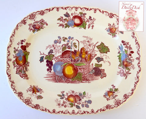 Vintage Fruit Basket English Poly Red Transferware Platter Serving Tray