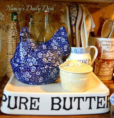 Calico Blue Chintz Transferware English Ironstone Nesting Hen French Country Egg Basket Tureen