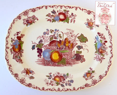 Vintage English Transferware Red Colorful Platter Basket of Fruits & Foliage Large Serving Tray