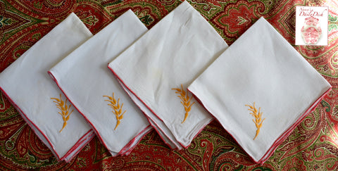 Set of 4 Vintage Linen Blend Cloth Napkins Embroidered w/ Wheat red  yellow