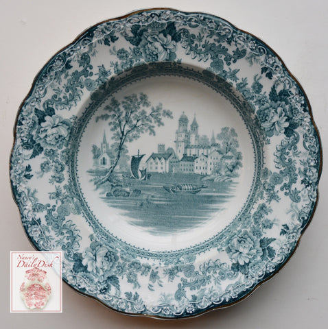 Ca 1891 Teal English Transferware 8" Rimmed Bowl  Roses Boats Church Togo