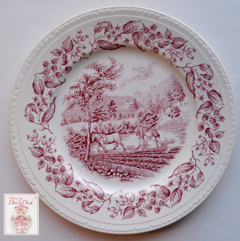 Vintage Red Transferware Plate English Farm Horse & Plough Scene w/ Blackberry Border