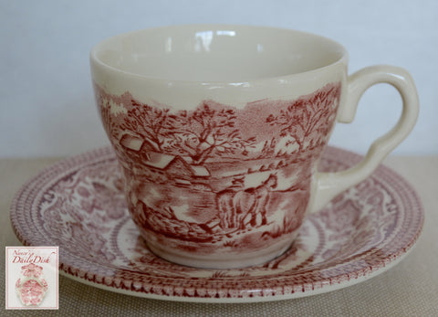 Red Transferware Ironstone Tea Cup & Saucer Farmhouse Horses Pulling Logs for Winter on Farm / Farming Scenery