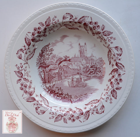Vintage Red Transferware Shallow Bowl / Deep Plate Blackberry Border English Equestrian Scene Hurdle Making