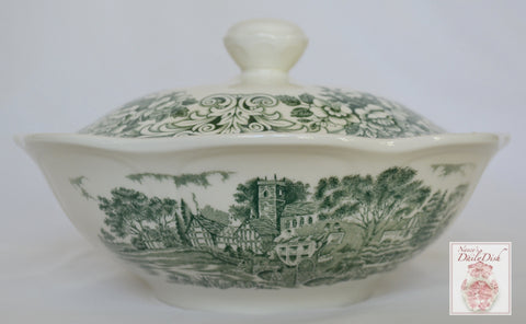 Green Transferware Covered Dish Tureen Travelers Horses Children Roses English China