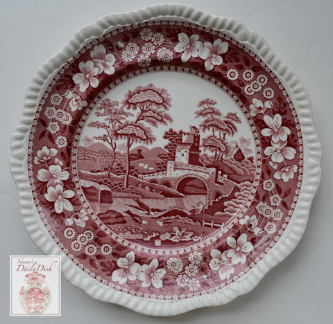 Vintage  Red Transferware Luncheon Plate Spode Copeland Tower Bridge Birds Farmhouse Style Cottage Kitchen