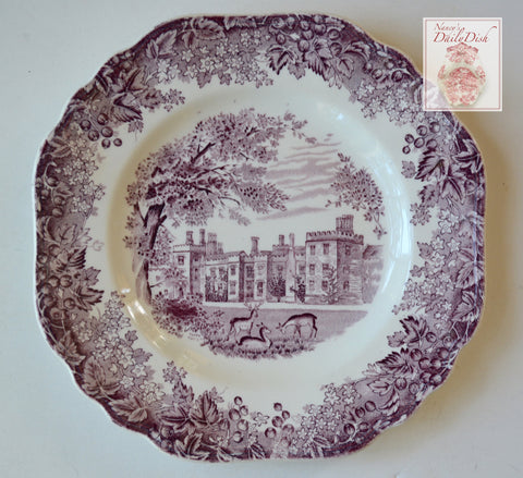 Vintage English China Square Purple Transferware Plate Romantic England Grazing Deer Penshurst Place