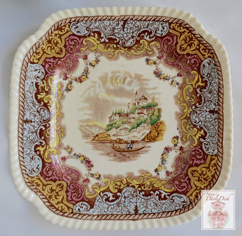 Spode Copeland Brown Transferware Continental Views Square Plate Hand Painted Blue Pink Yellow