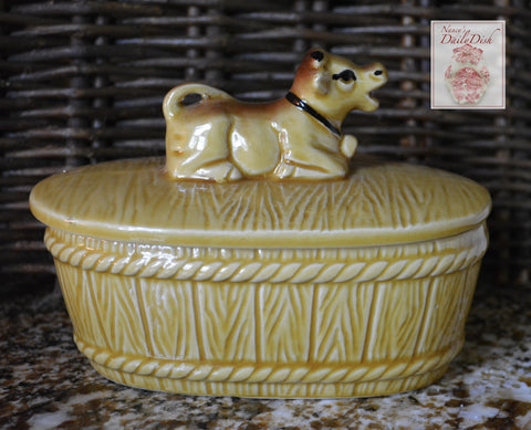 Vintage Majolica Butter Barrel Faux Bois Wood Barrel w/ Resting Advertising Jersey Cow Lid Top
