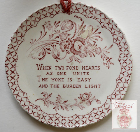 Romantic Love Red Floral Toile Transferware Plaque English Ironstone When Two Hearts Unite