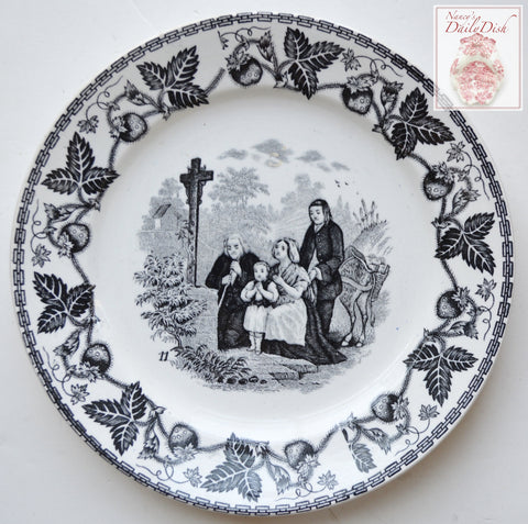 Antique Faience Black Transferware Plate Praying Family w/ Strawberry Border no. 11