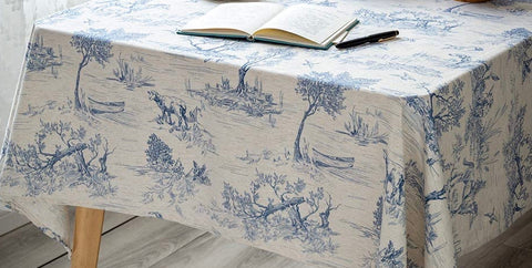 Rectangular Blue Toile Tablecloth 55" x 120"  New Bucolic Sheep Horses Dogs