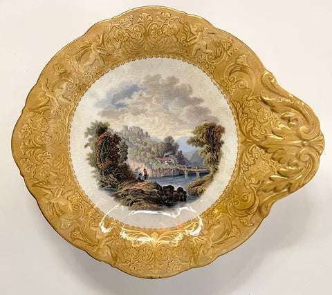 1850’s Landscape Fishing Scene Prattware MultiColor Yellow Transferware Footed Compote Serving Stand Cherubs Border