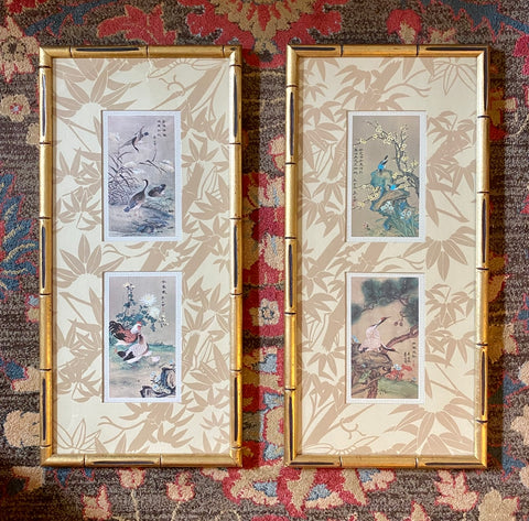 Pair of Chinoiserie Flowers & Bird Prints Matted & Bamboo Framed w/ Bamboo Toile Mat