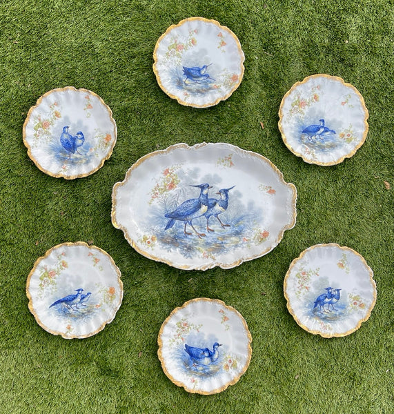 Blue & White 7 pc French Limoges Hand Painted Gold Encrusted Floral Ga
