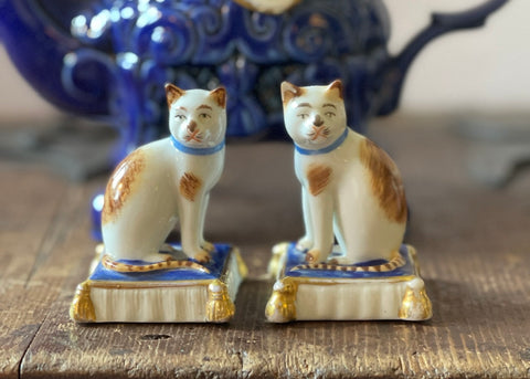 Antique Pair Mini Staffordshire Chelsea Samson Brown Spots Cats Figurines on Blue  Base