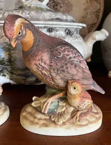Vintage Quail & Baby Chick Figurine Hand Painted Bisque Porcelain