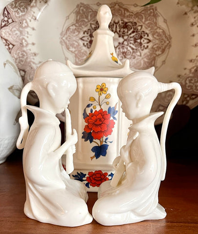 Pair Vintage Chinoiserie Figurines Boy & Girl Playing Musical Instruments Shamisen & Dizi