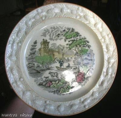 Black Transferware Plate Polychrome Cow Goat Pastoral Vintage English circa 1930