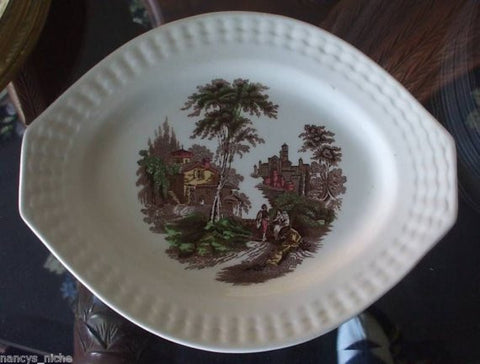 Brown Polychrome Transferware Tab Handled Platter Italian Scenery