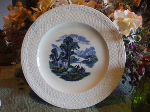 Blue PolychromeTransferware Plate Embossed Lattice Border Scenic Cottage by a Lake Vintage Royal Cauldon England