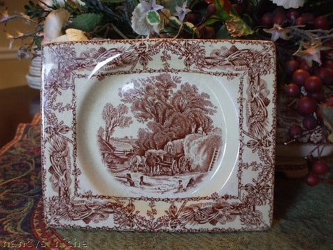 Square Brown Transferware Platter Biarritz Platter Tray Rural Scenes Haywagon Bee Skep