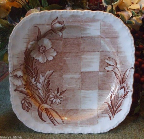 Square Brown Transferware Plate Tulips Daisies Lattice