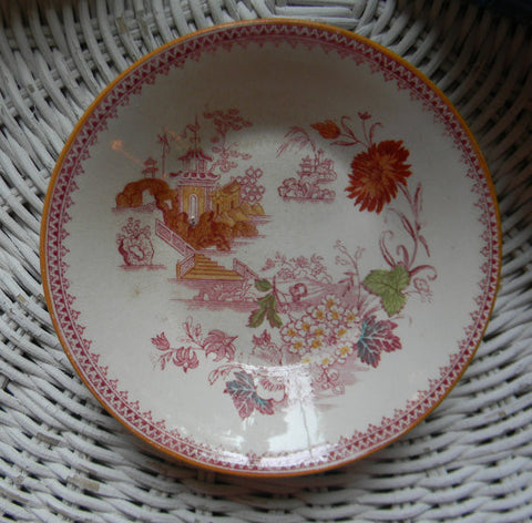 Antique Aesthetic Movement Transferware Red Polychrome Asian Oriental Motif Candy Dish Bowl Flowers Pagoda