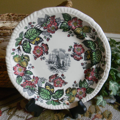 Spode Copeland Vintage English Transferware Black Plate Sailing Ship Old Salem Flowers Strawberries